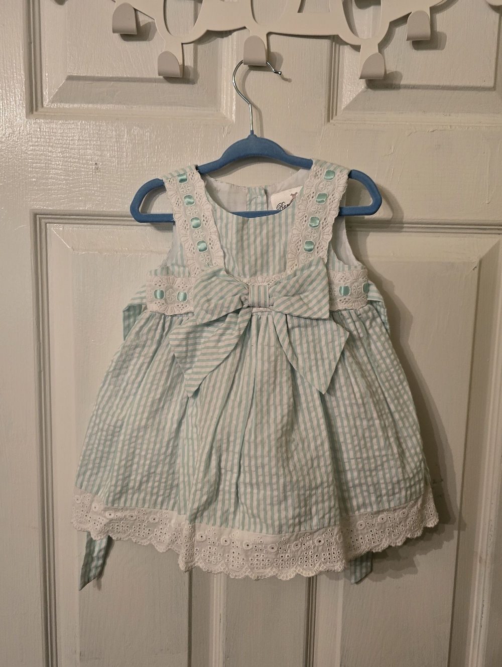 Rare Editions Mint Green and White Striped Bow Dress